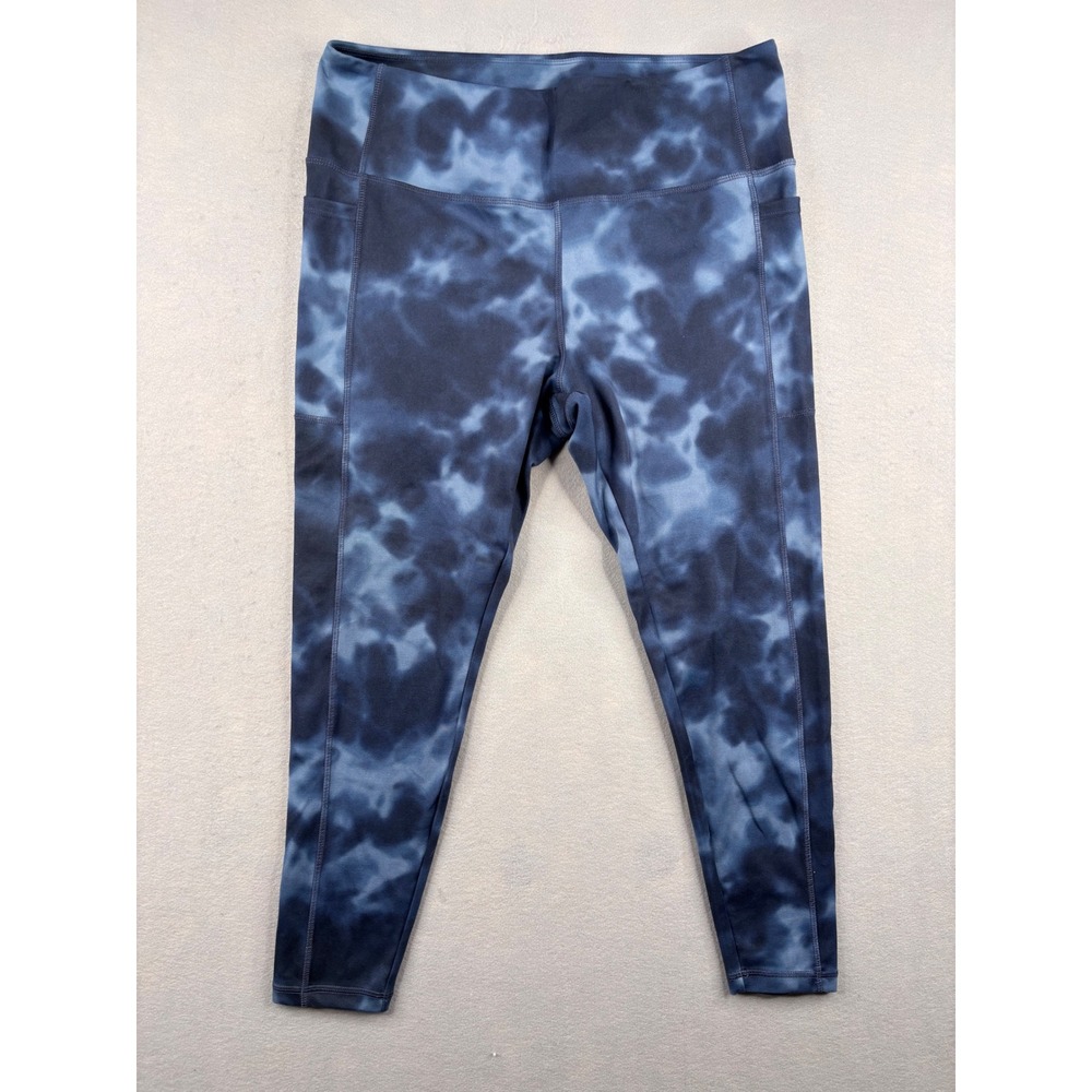 Danskin Womens Blue Tie Dye High Waisted Athletic Leggings Side Pockets XL